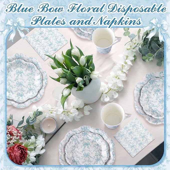 Pickmesh 252 Pcs Blue Bow Floral Tea Party Supplies for 36 Guests Flower Paper Disposable Dinnerware Flower Teacup with Handle and Saucers Set for Tea Party Decorations Birthday Baby Shower Wedding
