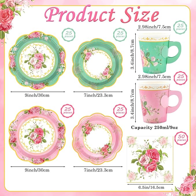 200Pcs Floral Tea Cups and Saucers for Tea Party Supplies, Disposable Tea Cups with Handle and Paper Napkins Dinnerware for Floral Theme Birthday Wedding Bridal Shower Baby Shower（Pink Green）