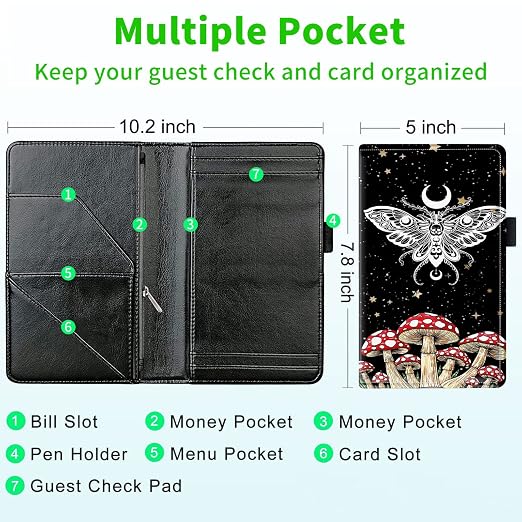 Server Books for Waitress, with 7 Large Pockets, Waiter Serving Book, Waitstaff Server Order Pads, Cute PU Leather Server Book with Pen Holder Fit Server Apron, Trippy Mushroom Moth Butterfly - Image 3
