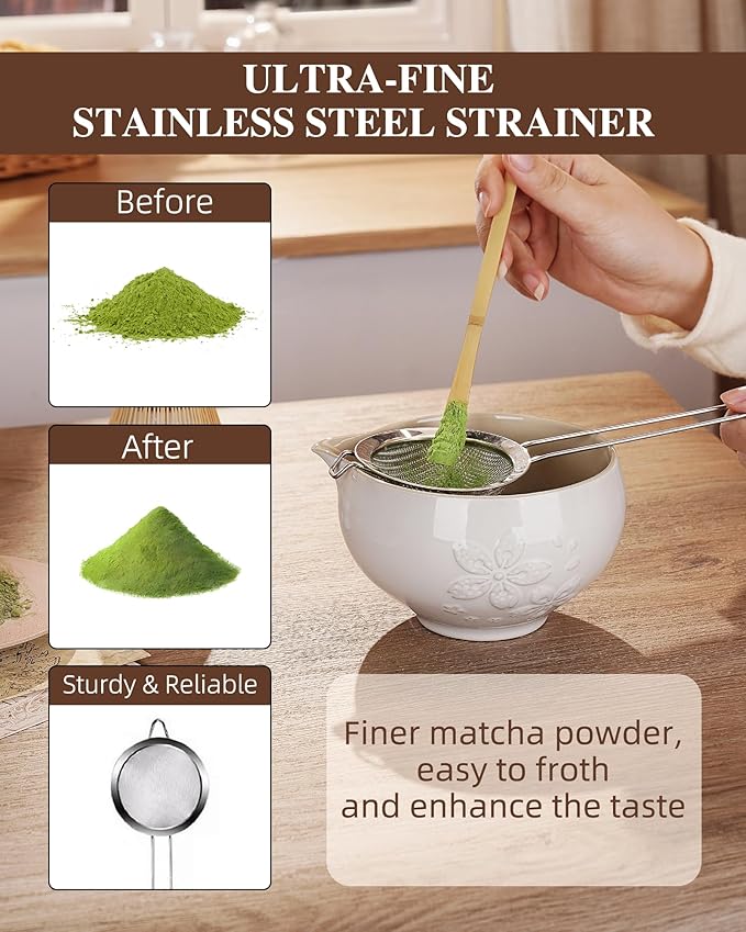 ZENS Matcha Whisk Set, Ceramic Matcha Kit Set Includes Matcha Bowl, Bamboo Whisk and Scoop, Chasen Holder, 304 Sifter and Tea Mat - 6Pcs Matcha Kit for Matcha Lovers (White)