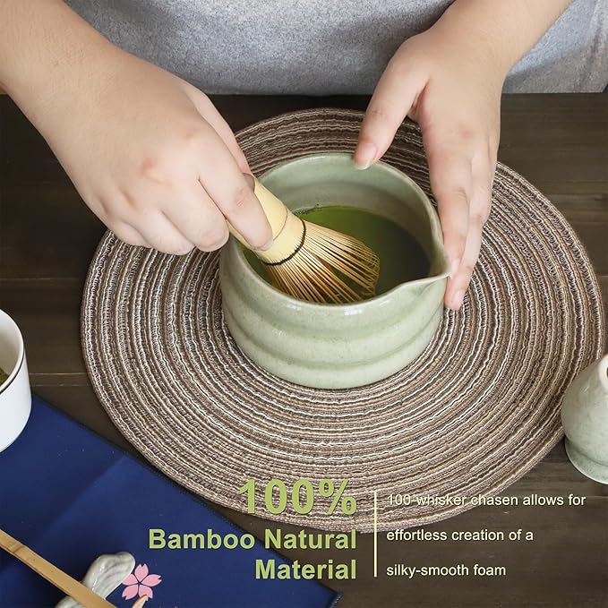 Green Matcha Whisk Set, Ceramic Matcha Kit Set Valentine Gift Present Includes Matcha Bowl, Matcha Whisk and Holder, Bamboo Scoop, Scoop Rest, Sifter and Tea Towel - 7 Pcs Kit for Matcha Lovers