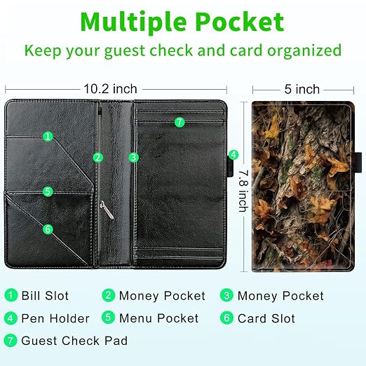 Server Books for Waitress, with 7 Large Pockets, Waiter Serving Book, Waitstaff Server Order Pads, Cute PU Leather Server Book with Pen Holder Fit Server Apron, Forest - Image 3