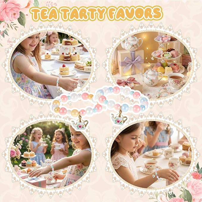 Ecally 36 Pcs Tea Party Favors Bracelet Gift Tea Pot Beaded Bracelet Bulk Party Supplies Pot Pendant Accessories Decorations for Kids Girl