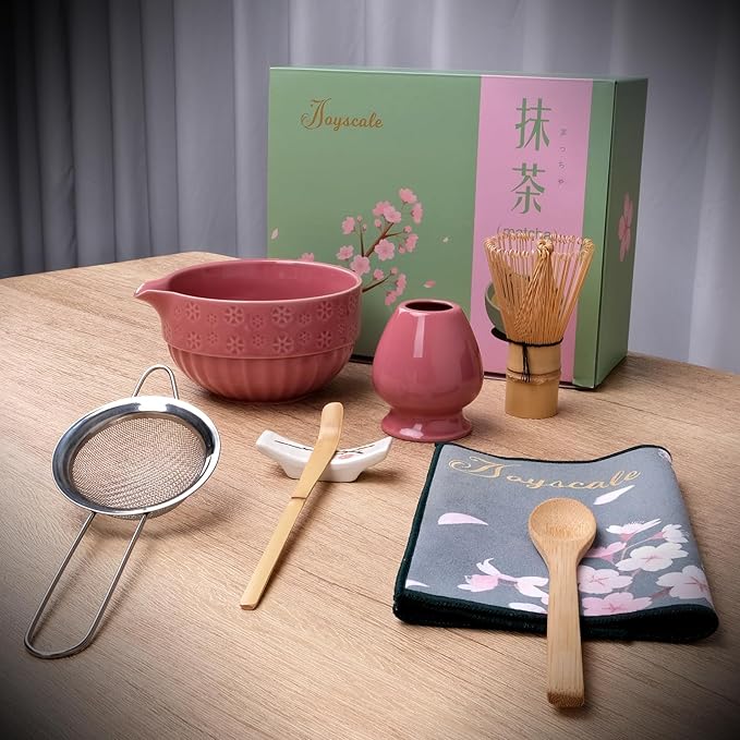Joyscale Matcha Whisk Set, Matcha Set Whisk And Bowl, 8 Pcs Matcha Kit Set(Cherry Blossom Design), 18 OZ, Japanese Matcha Tea Set, Matcha Making Kit Gifts for Tea Lovers(Rouge Red)