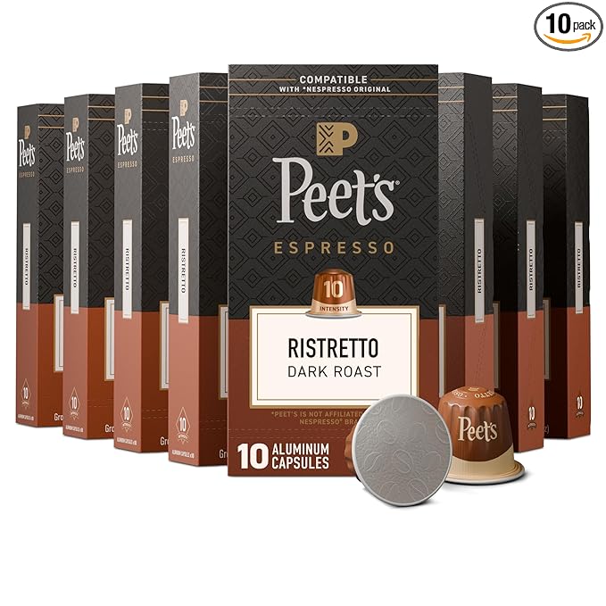Peet's Coffee, Dark Roast Espresso Capsules, Compatible with Nespresso Original Machine, 100% Arabica Coffee - Ristretto Intensity 10, 100 Count (10 Boxes of 10 Espresso Capsules)