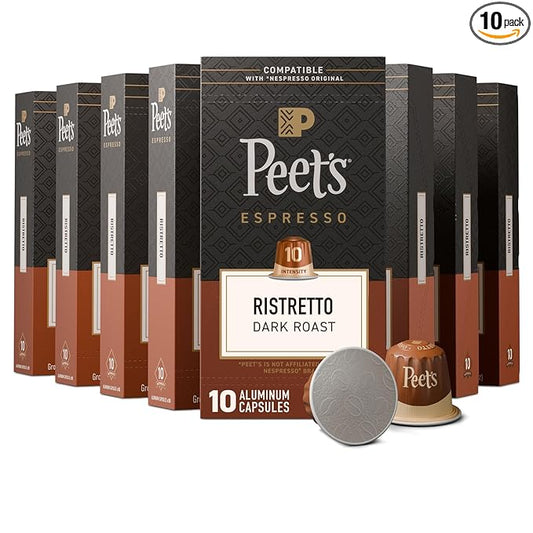 Peet's Coffee, Dark Roast Espresso Capsules, Compatible with Nespresso Original Machine, 100% Arabica Coffee - Ristretto Intensity 10, 100 Count (10 Boxes of 10 Espresso Capsules)