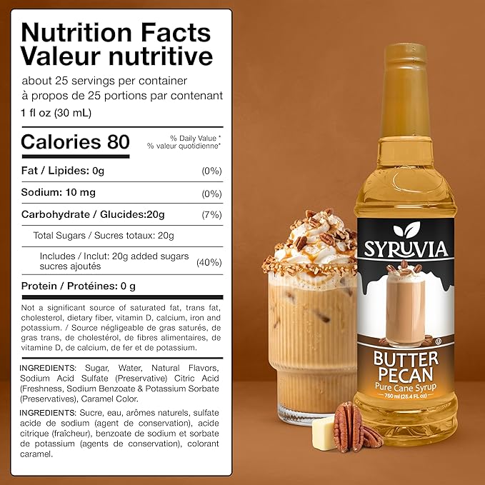 Syruvia Coffee Syrup, Butter Pecan Flavored Syrup for Drinks, Lattes, and Desserts – 25.4 fl oz, With Pump