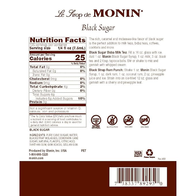 Monin - Black Sugar Syrup, Versatile Flavor, Natural Flavors, Great for Coffees, Cocktails, Shakes, and Kids Drinks, Non-GMO, Gluten-Free (1 Liter) - Image 2