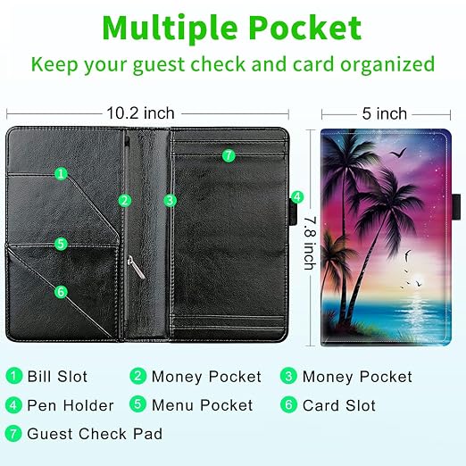 Server Books for Waitress, with 7 Large Pockets, Waiter Serving Book, Waitstaff Server Order Pads, Cute PU Leather Server Book with Pen Holder Fit Server Apron, Beach Palm Trees - Image 3