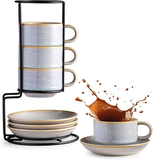Gomakren 6 Ounce Cappuccino Cups with Saucers and Metal Stand, Stackable Coffee Cup Set of 4, Valentine Porcelain Espresso Cups for Coffee Drinks, Cappuccino, Latte, Americano, Tea, Gray
