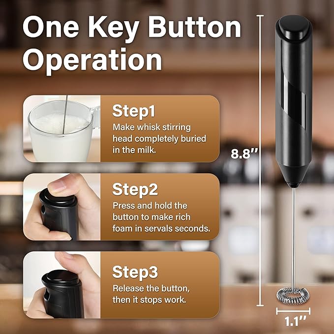 Simple Deluxe Milk Frother Handheld, Foam Maker with Stainless Steel Stand, Battery-Operated Whisk Gift for Coffee, Latte, Hot Chocolate, Black