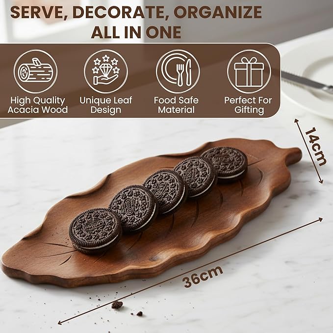 Acacia Wood Leaf Tray - 14" Decorative Tray for Candles, Perfume, Leaf Wooden Jewelry Tray Trinket Dish - Farmhouse Table Centerpiece - Wooden Trays for Coffee Table Wedding Home Decor