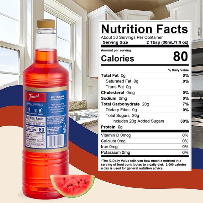 Torani Watermelon Syrup 1 Liter with Pump – Juicy Summer Flavoring for Drinks, Cocktails & Mocktails – Pure Cane Sugar, Natural Flavors, BPA-Free Bottle – Refreshing Beverage Syrup - Image 2