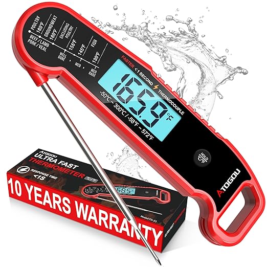 Atogou Meat Thermometer, Professional Food Thermometer, <1 Sec Instant Read, ±0.5℉ Accuracy, Thermocouple Sensor, Waterproof Digital Thermometer for Cooking, BBQ, Grill, Him Dad Birthday Gifts, Red