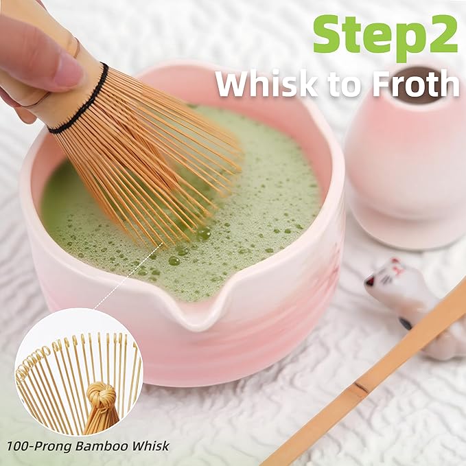 6-Piece Matcha Whisk Set Pink, 18oz Matcha Bowl with Spout, Bamboo Whisk and Chasen Holder, Pink Matcha Kit, Cute Macha Gift Set for Women & Matcha Lovers Starters, Mother's Day Gift