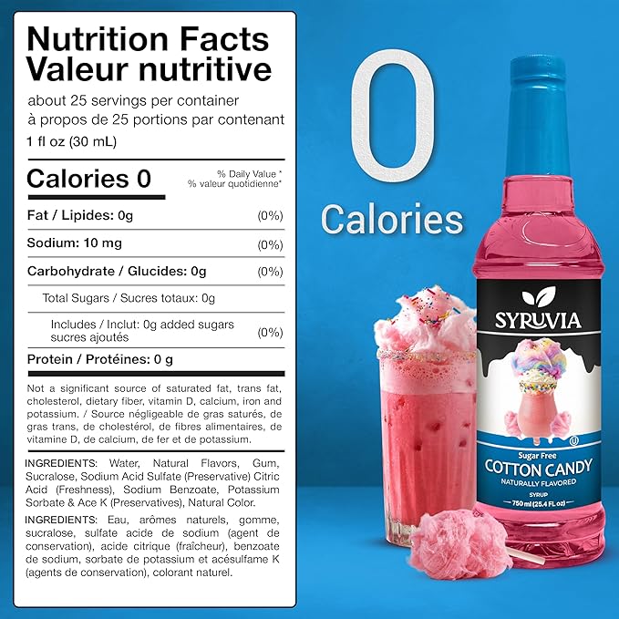 Syruvia Sugar-Free Cotton Candy Syrup, Natural Flavors, Syrup for Drinks, Lattes, and Desserts – 25.4 fl oz