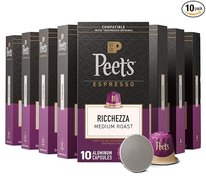 Peet's Coffee, Medium Roast Espresso Capsules, Compatible with Nespresso Original Machine, 100% Arabica Coffee - Ricchezza Intensity 8, 100 Count (10 Boxes of 10 Espresso Capsules)