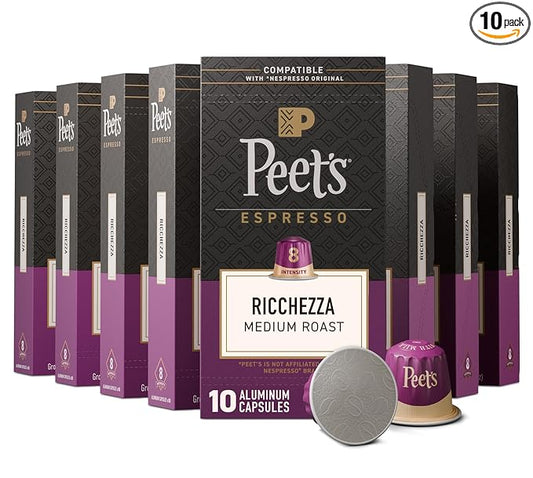 Peet's Coffee, Medium Roast Espresso Capsules, Compatible with Nespresso Original Machine, 100% Arabica Coffee - Ricchezza Intensity 8, 100 Count (10 Boxes of 10 Espresso Capsules)