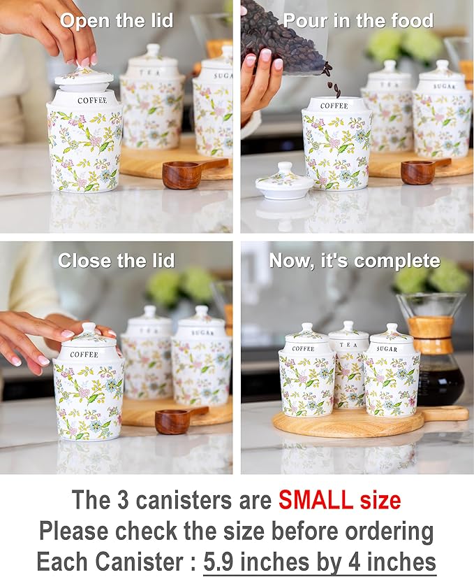 Small Coffee Tea Sugar Canister Set with Airtight Lids - Elegant Flower Kitchen Canisters Set of 3 Pantry Jars Containers - Decorative Ceramic Canister Set for Countertop or Coffee Bar - 13.5 Ounce
