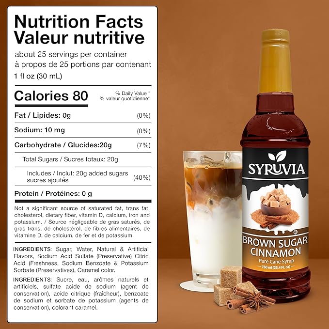 Syruvia Coffee Syrup, Brown Sugar Cinnamon Flavored Syrup for Drinks, Lattes, and Desserts – 25.4 fl oz, With Pump