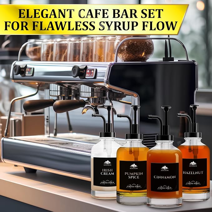 Set of 4 Glass Coffee Syrup Dispenser with Pump 16.9oz 500 ml – 18 Marked Labels – Leak-Proof Glass Syrup Bottles for Coffee Bar, Espresso Station & Barista Setups | Parties & Event Ready (Black) - Image 9