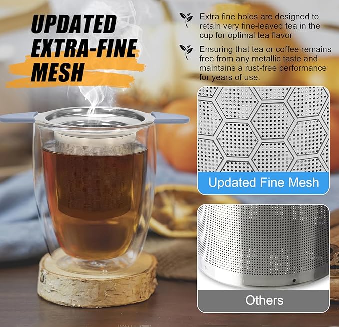 Tea Infuser for Loose Leaf Tea, Extra Fine 304 Stainless Steel Tea Strainer Stepper with Heat-Resistant Silicone Handles and Lid, Large Capacity Tea Basket Filter for Mug, Cup (Silver)