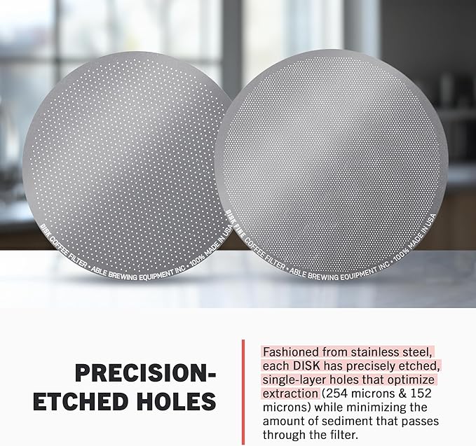 Able - DISK Stainless Steel Coffee Filter, AeroPress Coffee Maker-Compatible, AeroPress Accessories for Home & Cafes, 2.45” Reusable Coffee Filters (254-Micron Standard + 152-Micron Fine), Pack of 2
