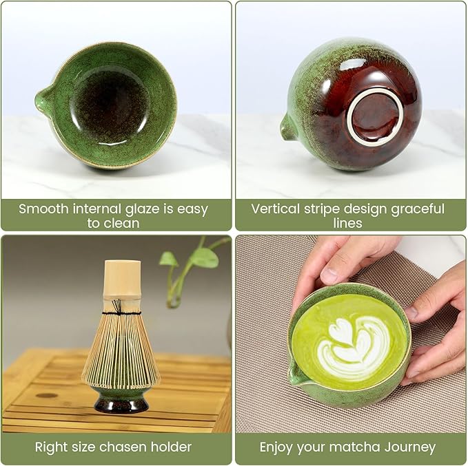 4Pcs Matcha Whisk Set Elegant Japanese Matcha Tea Set Matcha Making Kit with 500ml Ceramic Matcha Bowl Matcha Whisk Holder Bamboo Matcha Whisk and Matcha Scoop for Tea Lovers (Green)