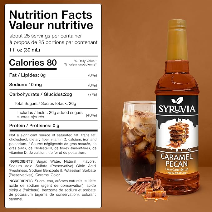 Syruvia Coffee Syrup, Caramel Pecan Flavored Syrup for Drinks, Lattes, and Desserts – 25.4 fl oz, With Pump