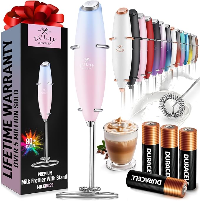 Zulay Kitchen Powerful Milk Frother Wand With 4 AA Duracell Batteries - Ultra Fast Handheld Drink Mixer - Electric Whisk Foam Maker for Coffee, Lattes, Cappuccino, Matcha & Creamer