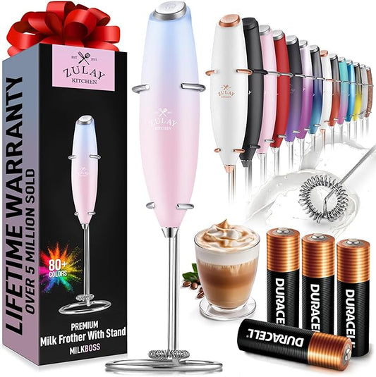 Zulay Kitchen Powerful Milk Frother Wand With 4 AA Duracell Batteries - Ultra Fast Handheld Drink Mixer - Electric Whisk Foam Maker for Coffee, Lattes, Cappuccino, Matcha & Creamer