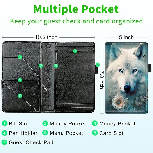 Server Books for Waitress, with 7 Large Pockets, Waiter Serving Book, Waitstaff Server Order Pads, Cute PU Leather Server Book with Pen Holder Fit Server Apron, White Wolf - Image 3