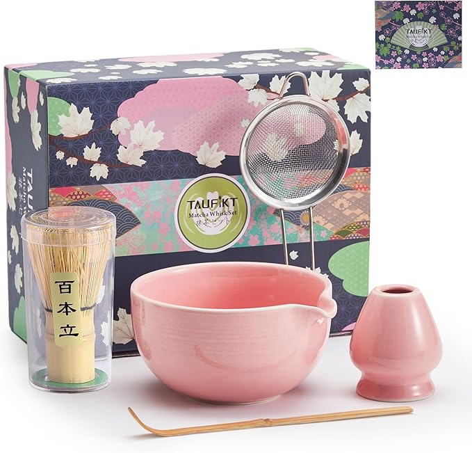 Matcha Whisk Set 5 Pcs, Matcha Kit Set Includes Matcha Bowl, Matcha Whisk and Holder, Bamboo Scoop and Sifter, Ceramic Matcha Set, Matcha Tea Set, Ideal Gift for Family/Friend (Pink)