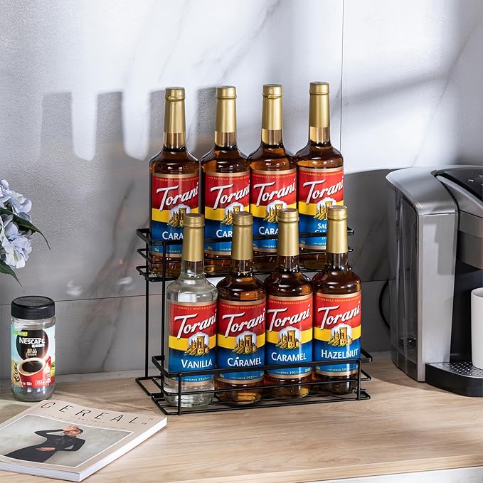 Rice rat Coffee Syrup Organizer Rack, (8 Bottle Capacity),2 Tier Coffee Syrup holder for Coffee Bar Accessories,Kitchen,Storage for Syrup, Wine, Dressing（Black）