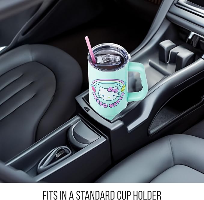 Silver Buffalo Sanrio Hello Kitty Kawaii Strawberry, Pineapple, and Rainbows Stainless Steel Tumbler with Handle and Straw, Fits in Standard Cup Holder, 40 Ounces (Pack of 12)