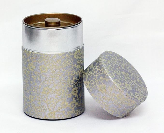 Washi Paper Tea Tin Canister: Long 3.5oz (100g) Golden Flower & Ivy (#2), Japan