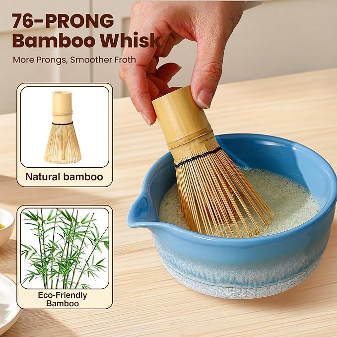 Matcha Whisk Set, Ceramic Matcha Kit Desert Style, Matcha Whisk and Bowl, Bamboo Scoop and Rest, Sifter and Tea Towel, 7 Pcs Gifts for Matcha Lover - Light Blue