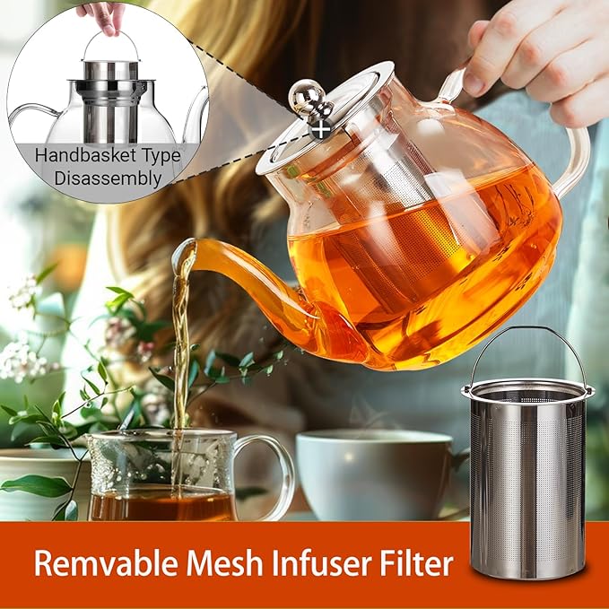 37oz/1100ml Glass Teapot with Removable Infuser, Stovetop & Microwave Safe Borosilicate Tea Kettle, Clear Flowering Tea Maker with 18/10 Stainless Steel Filter for Loose Leaf & Blooming Tea
