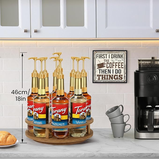 THYGIFTREE Rotating Coffee Syrup Organizer for Countertop, 9-Bottle Wooden Syrup Rack & Bottle Holder for Coffee Bar Station, Turntable Display Stand, Brown