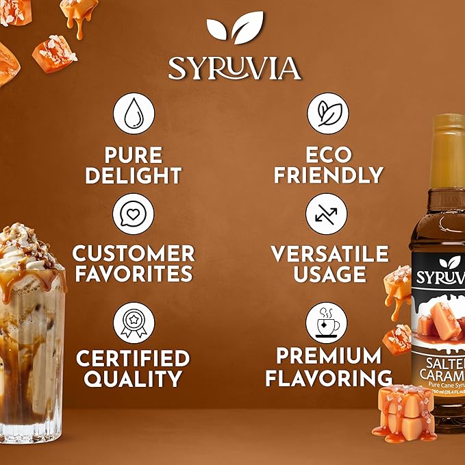 Syruvia Coffee Syrup, Salted Caramel Flavored Syrup for Drinks, Lattes, and Desserts – 25.4 fl oz