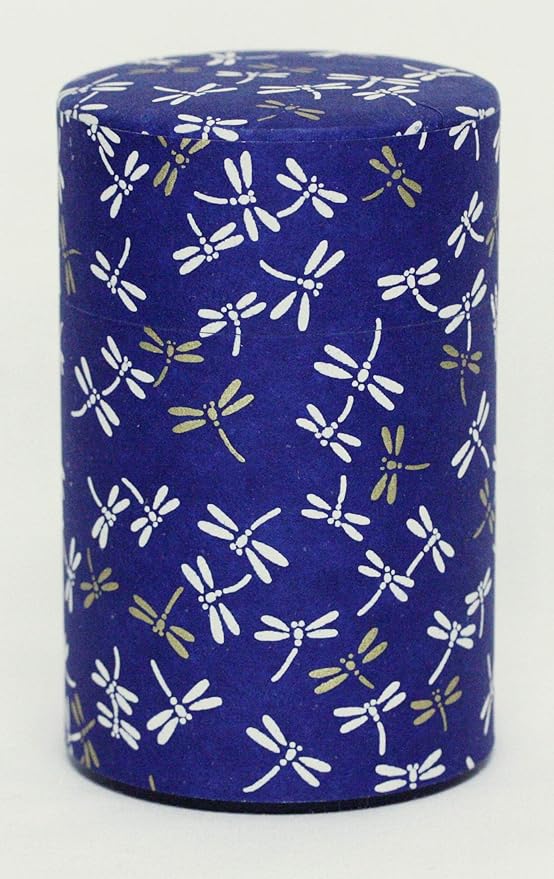 Washi Paper Tea Tin Canister: Long 3.5oz (100g) Dragon Fly in Midnight Sky (#121), Japan