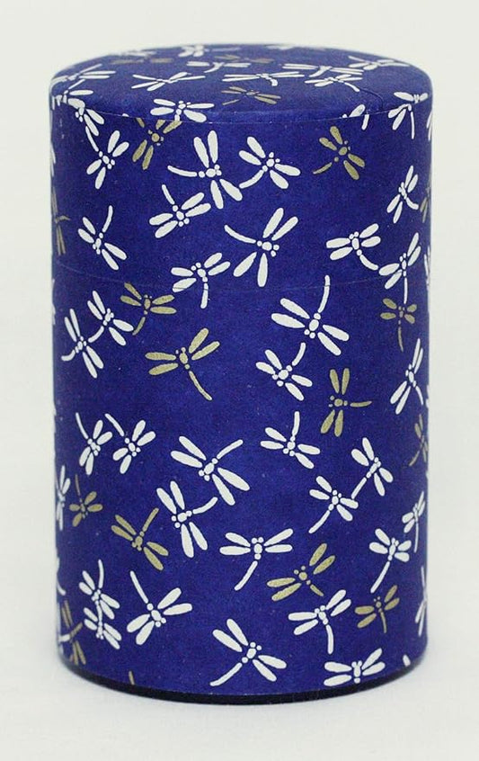 Washi Paper Tea Tin Canister: Long 3.5oz (100g) Dragon Fly in Midnight Sky (#121), Japan