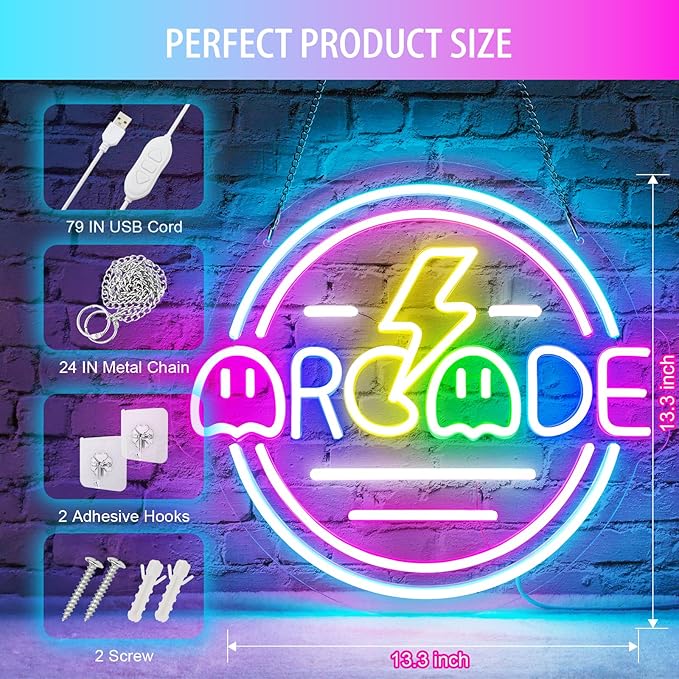 Basaneon Gamer Neon Sign for Gamer Room Decor, Dimmable Arcade Neon Signs for Wall Decor, USB Powered Bright LED Neon Gaming Signs for Boys Room, Best Gamer Gifts for Teenage Boys, Kids(13.3”x13.3”)