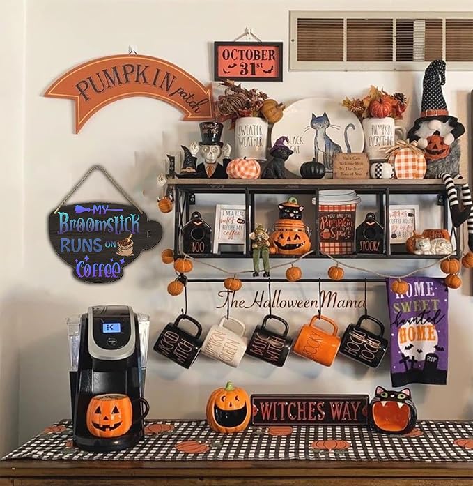 Halloween Witches Coffee Wood Sign My Broomstick Runs on Coffee Wood Plaque Rustic Hanging Sign for Home Coffee Bar Coffee Station Coffee Bar Table Coffee Bar Tiered Tray Wood Signs 4.8x6.78 Inch - Image 7