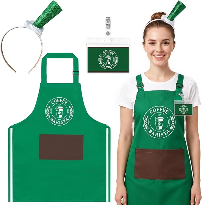 Halloween Coffee Costume Set - Barista Uniforms for Adults | Waterproof Green Aprons, Name Tag, Hairband, Café Attendant Uniform for Adults, Halloween Costume for Party, Role Play Events by Unknown