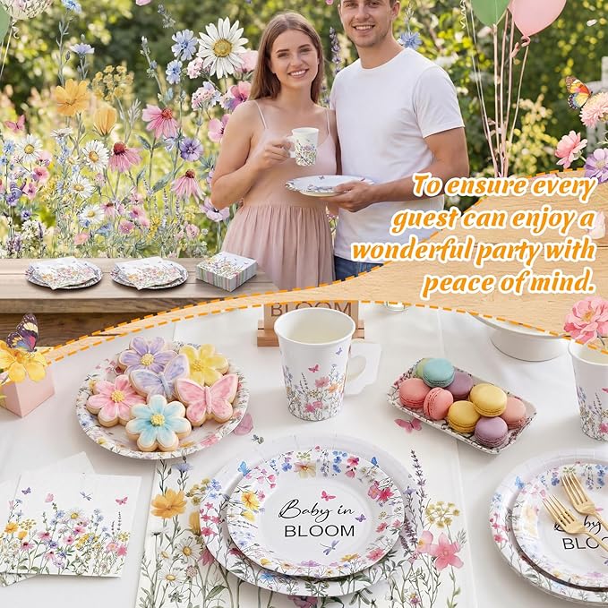 Pickmesh 252 Pcs Baby in Bloom Tea Party Supplies for 36 Guests Wildflower Paper Disposable Dinnerware Flower Teacup with Handle and Saucers Set for Tea Party Decorations Birthday Baby Shower Wedding