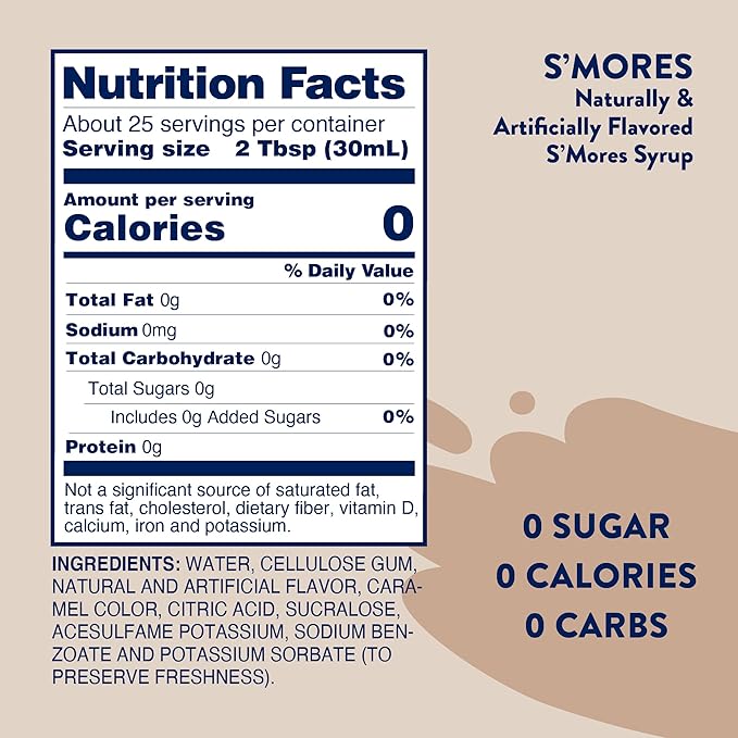 Jordan's Skinny Mixes Sugar Free Coffee Syrup, S'mores Coffee Flavoring Syrup, Zero Calorie Drink Mix for Lattes, Baking or Protein Shake, Dairy & Gluten Free, Kosher, 25.4 Fl Oz