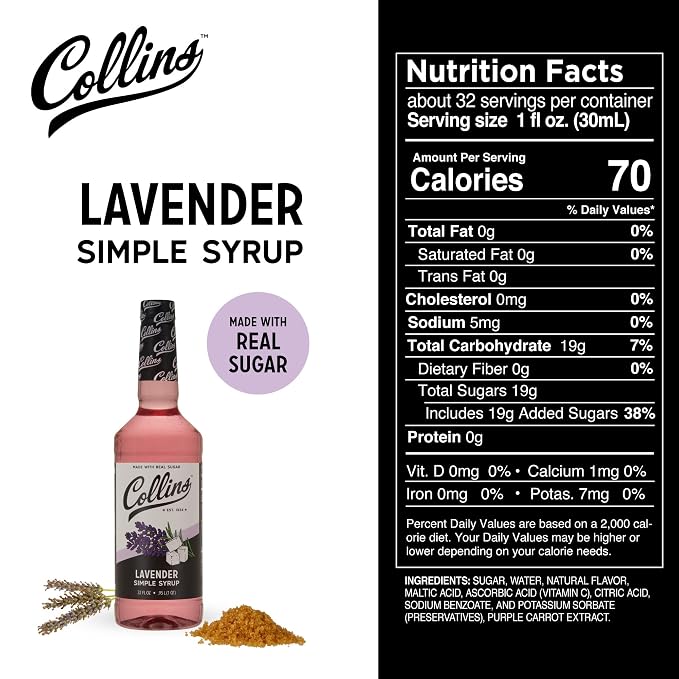 Collins Lavender Simple Syrup for Cocktails with Real Sugar, Lavender Syrup for Lemonade, Soda Water, Coffee, Iced Tea, Matcha, Baking, Desserts, Drink Mixer for Home Bar, 32 oz - Image 2