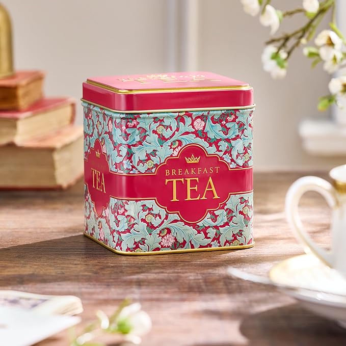 New English Teas Victorian Garden Tea Tin with 32 English Breakfast Teabags – Tapestry Inspired Tin with Decorative Pink Florals