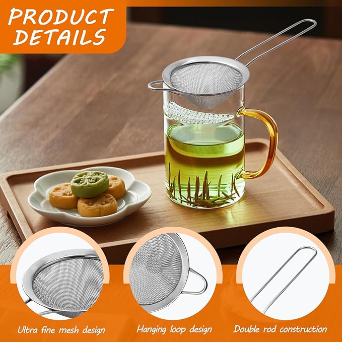 Biaungdo 2 Pcs 8.5 cm/3.3 Inch Fine Mesh Strainer, Stainless Steel Tea Strainer Conical Mesh Strainers Sieve for Cocktail, Coffee, Food, Noodles, Tea Filter(Small)